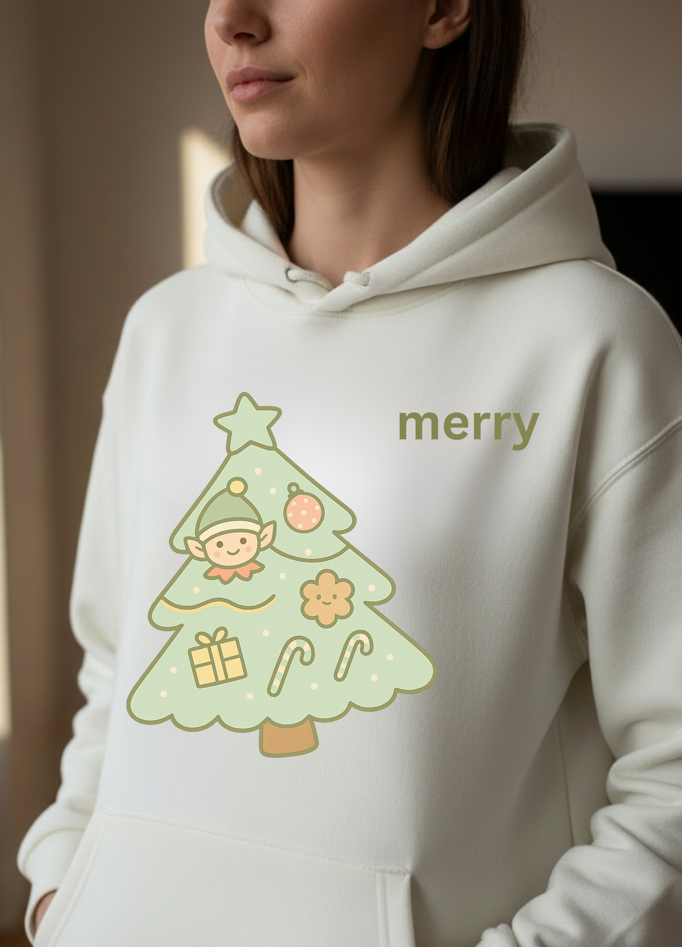 Christmas tree lightweight cream beige hoodies