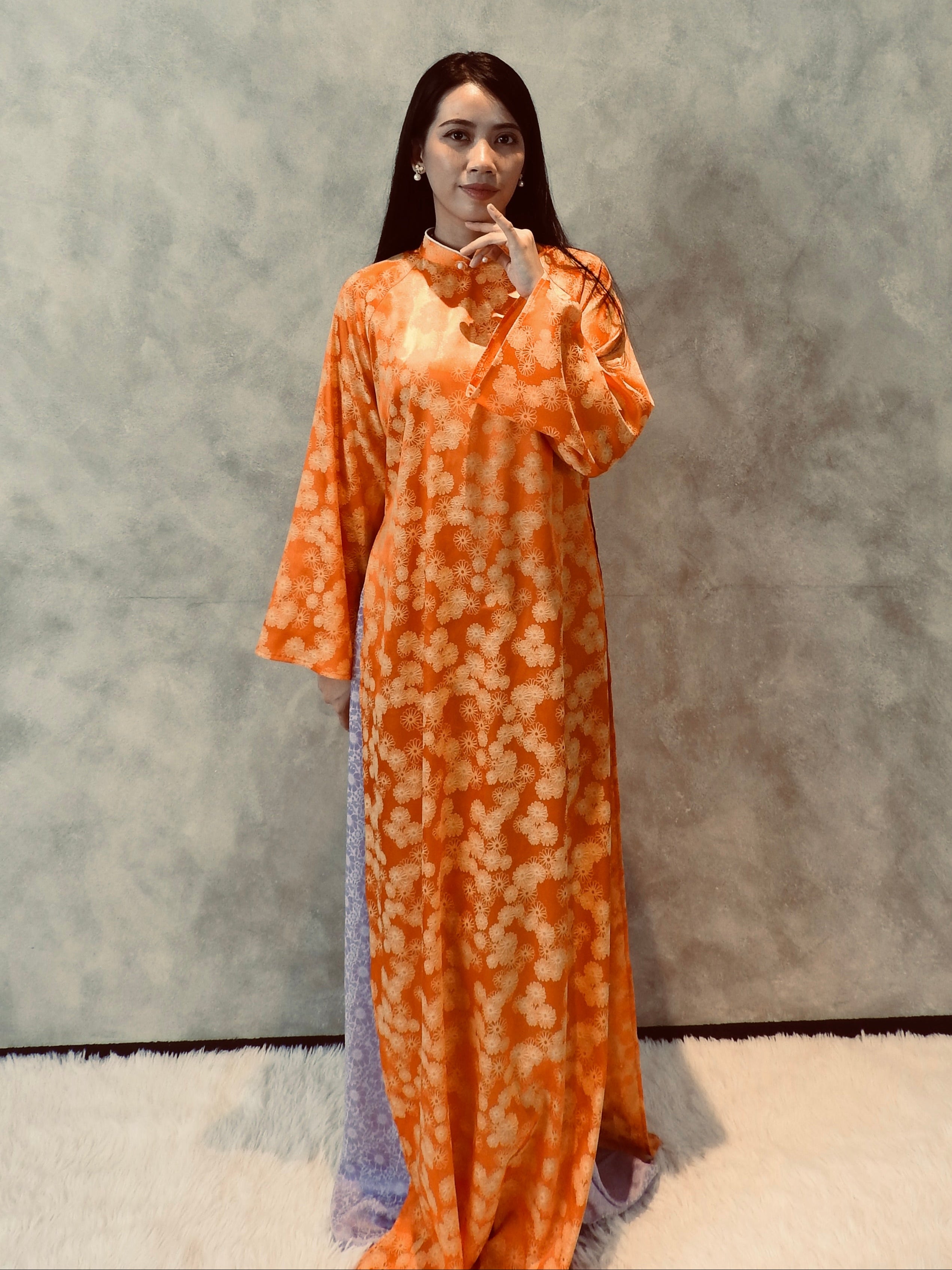 Orange floral - One Piece set ao dai - freesize