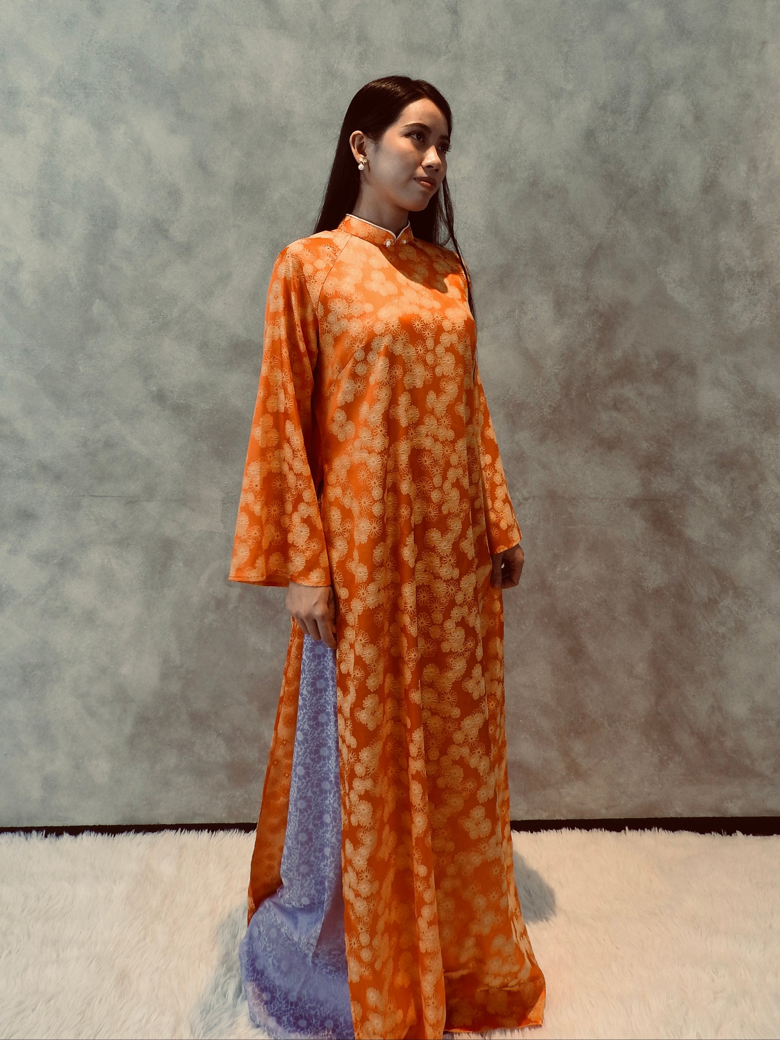 Turquoise green x Orange floral - Two piece ao dai set - freesize/oversize