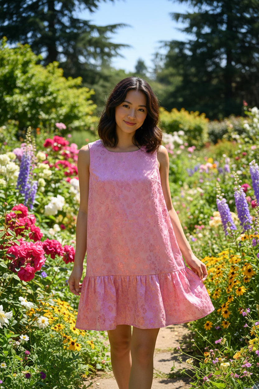 A sleeveless pink dress with a darker pink floral pattern, hanging on a black hanger against a white closet wall.