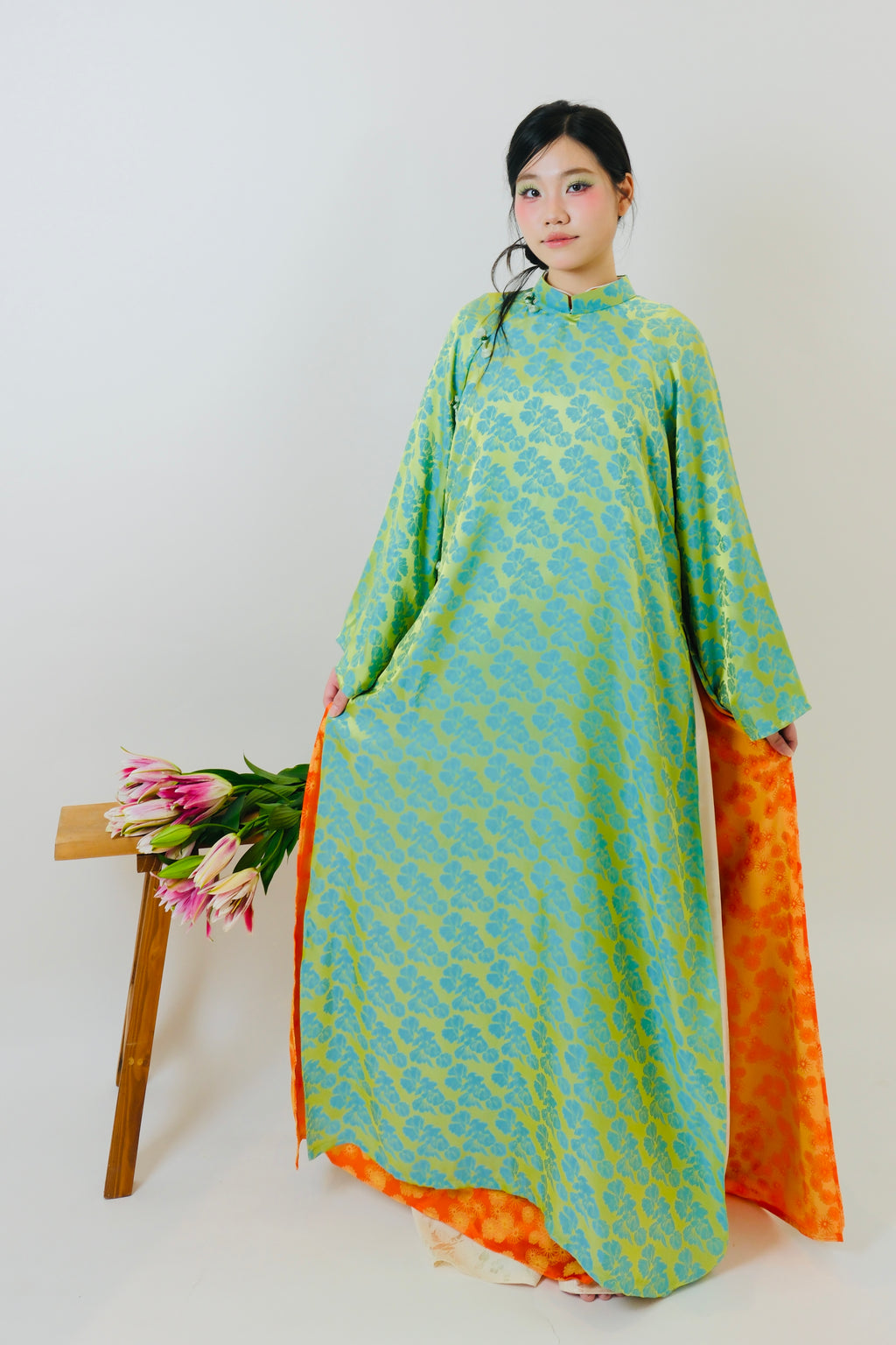 Turquoise green x Orange floral - Two piece ao dai set - freesize/oversize