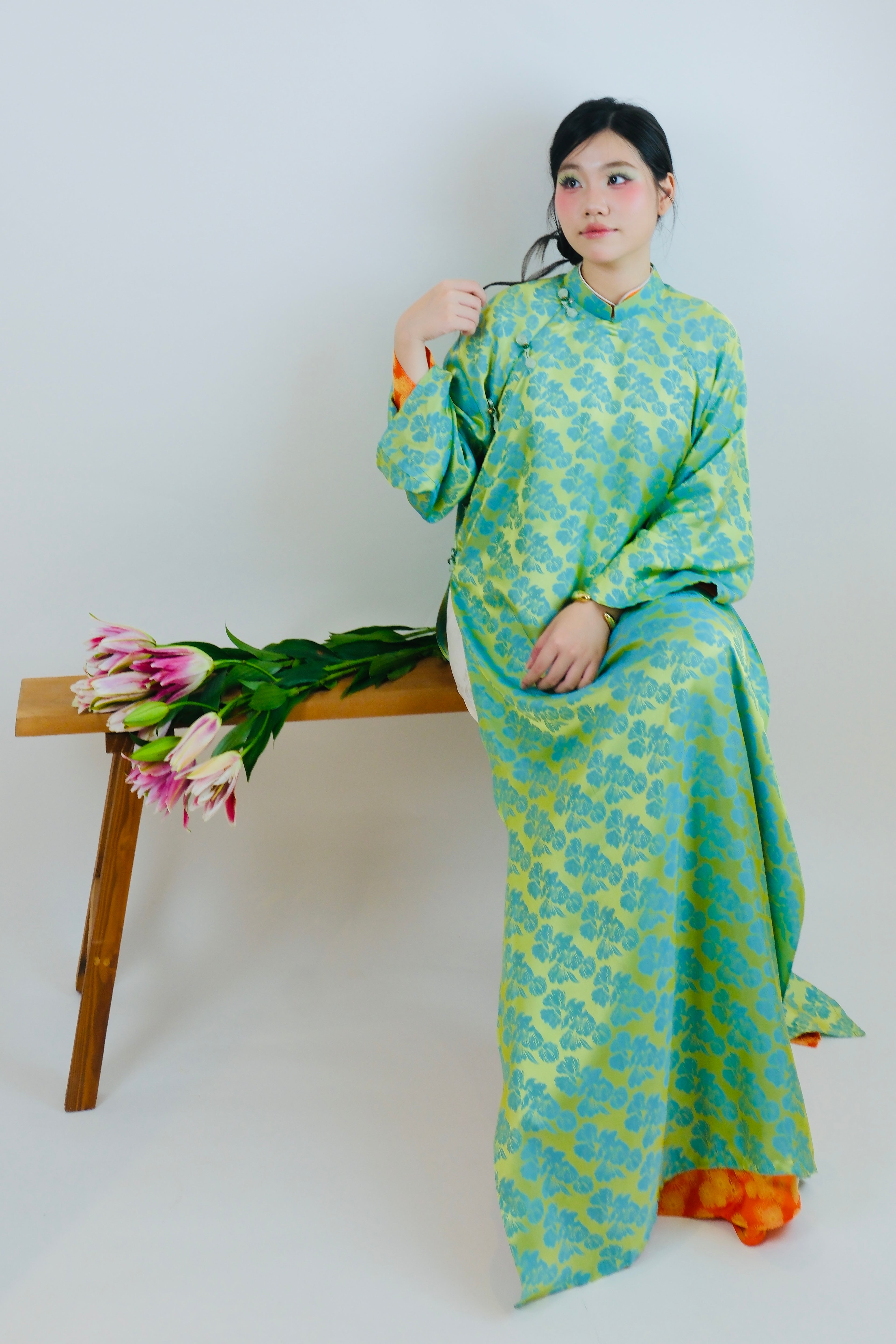 Turquoise green x Orange floral - Two piece ao dai set - freesize/oversize