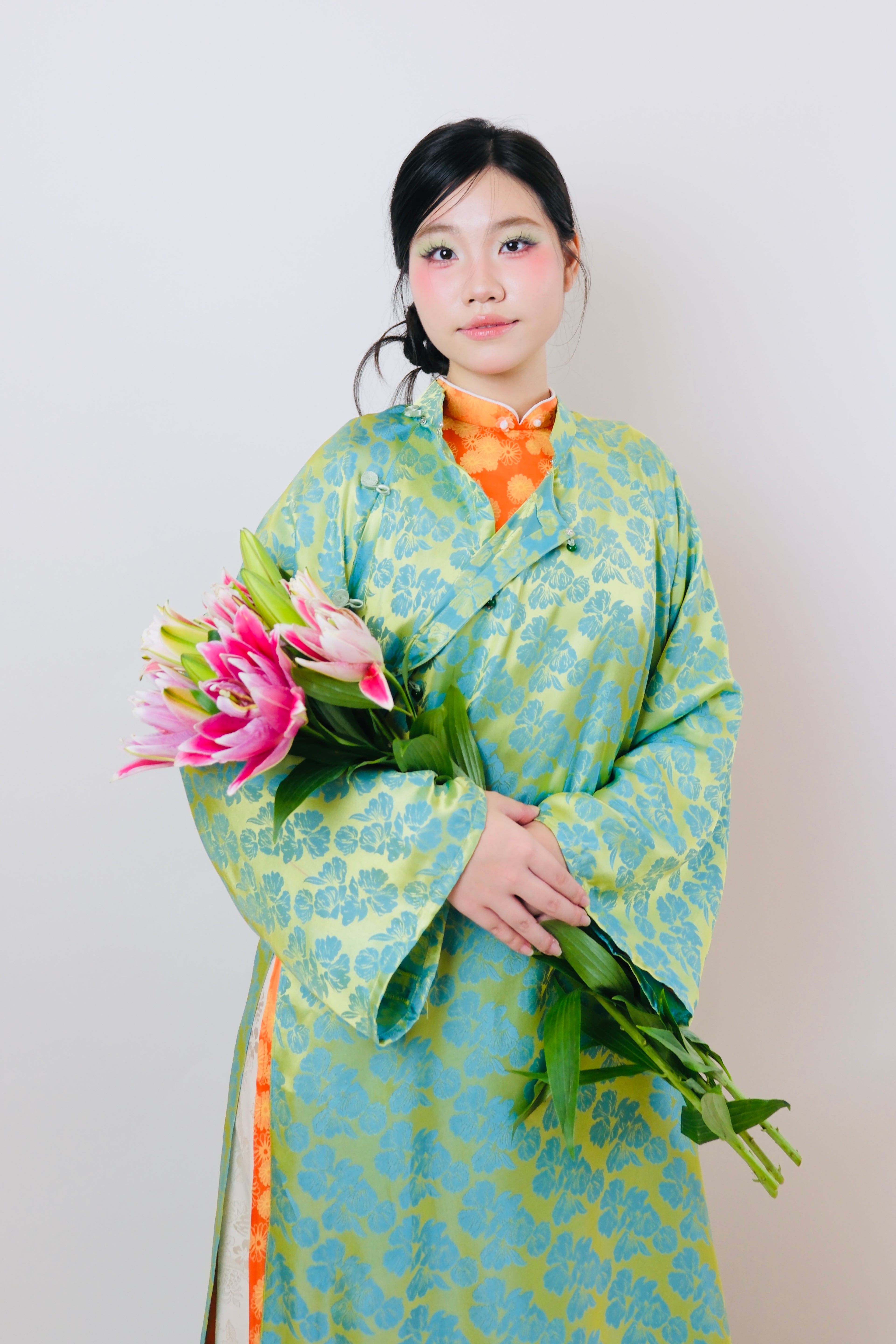 Turquoise green x Orange floral - Two piece ao dai set - freesize/oversize