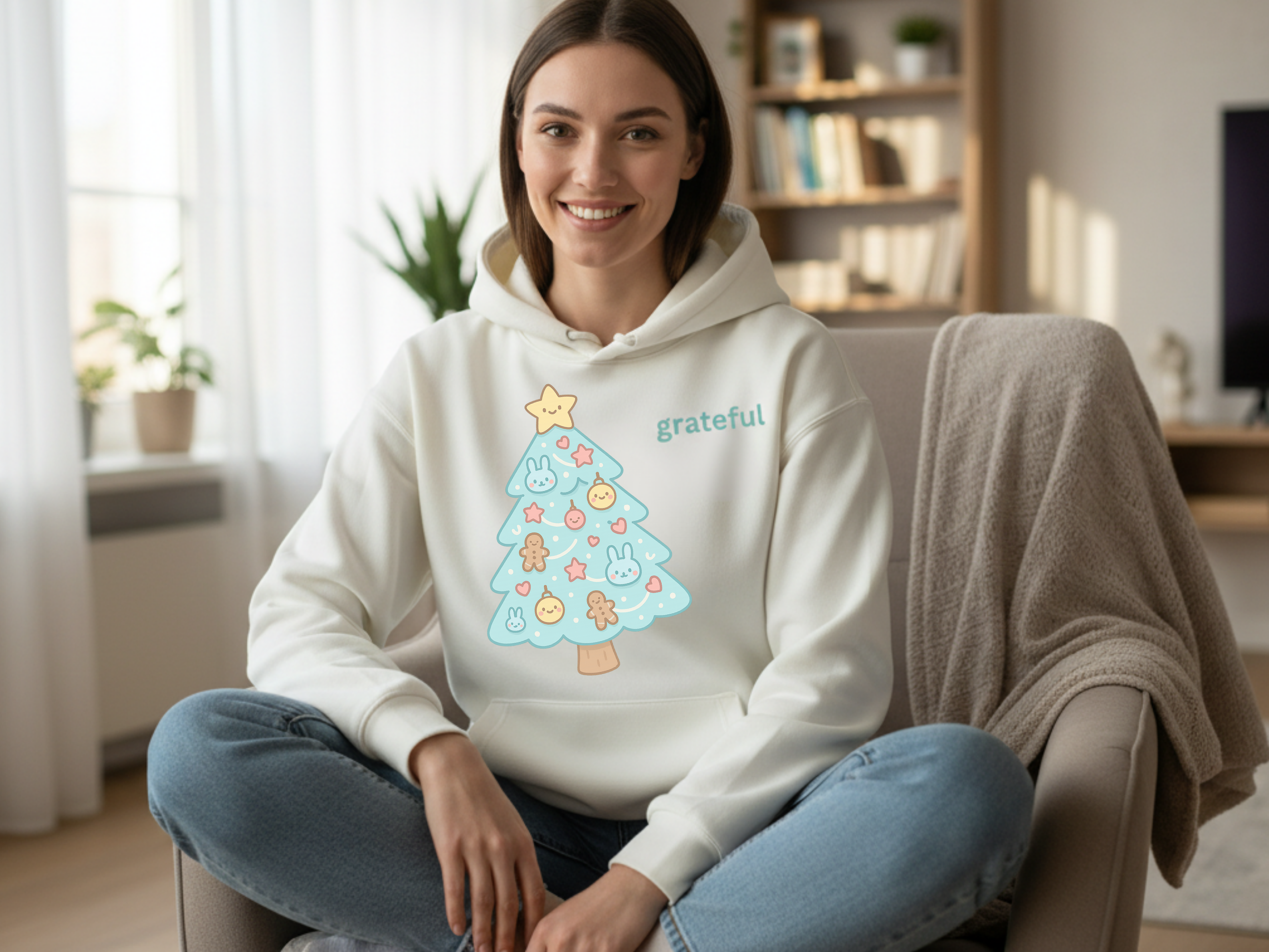 Christmas tree lightweight cream beige hoodies