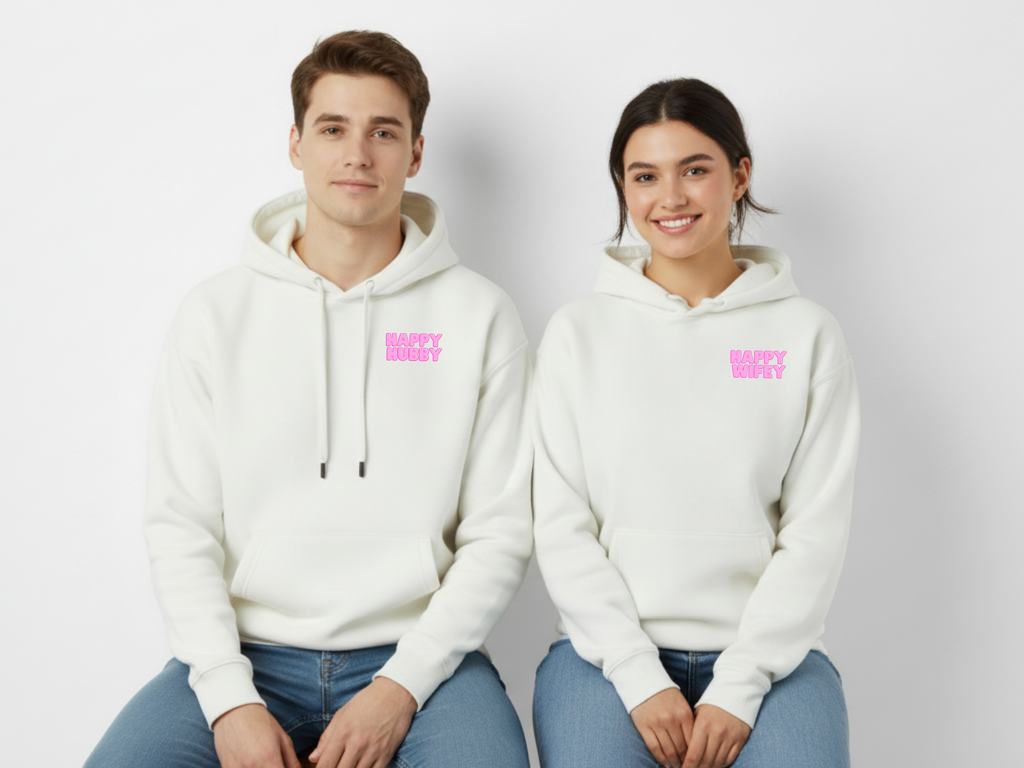 happy hubby, happy wifey - cream beige hoodies